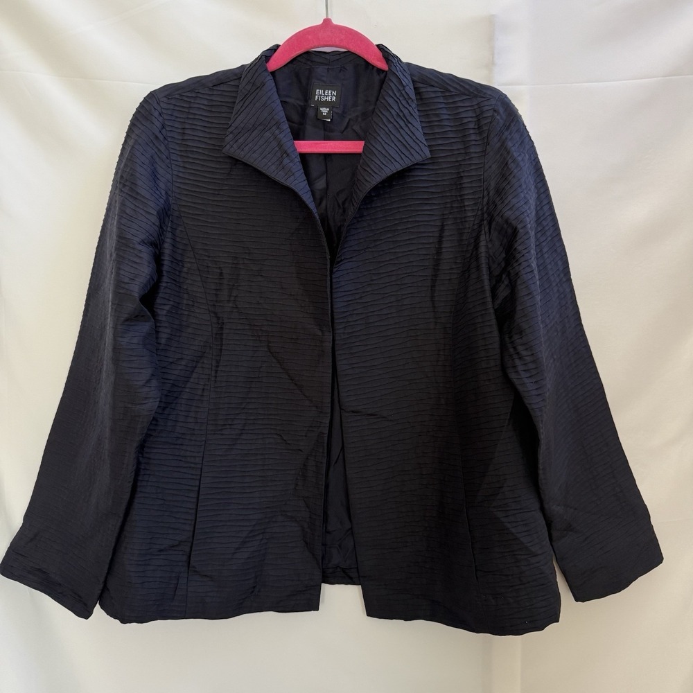 EILEEN FISHER Luxury Silk Black Textured Crinkle Cardigan Blazer Career Sz Med
